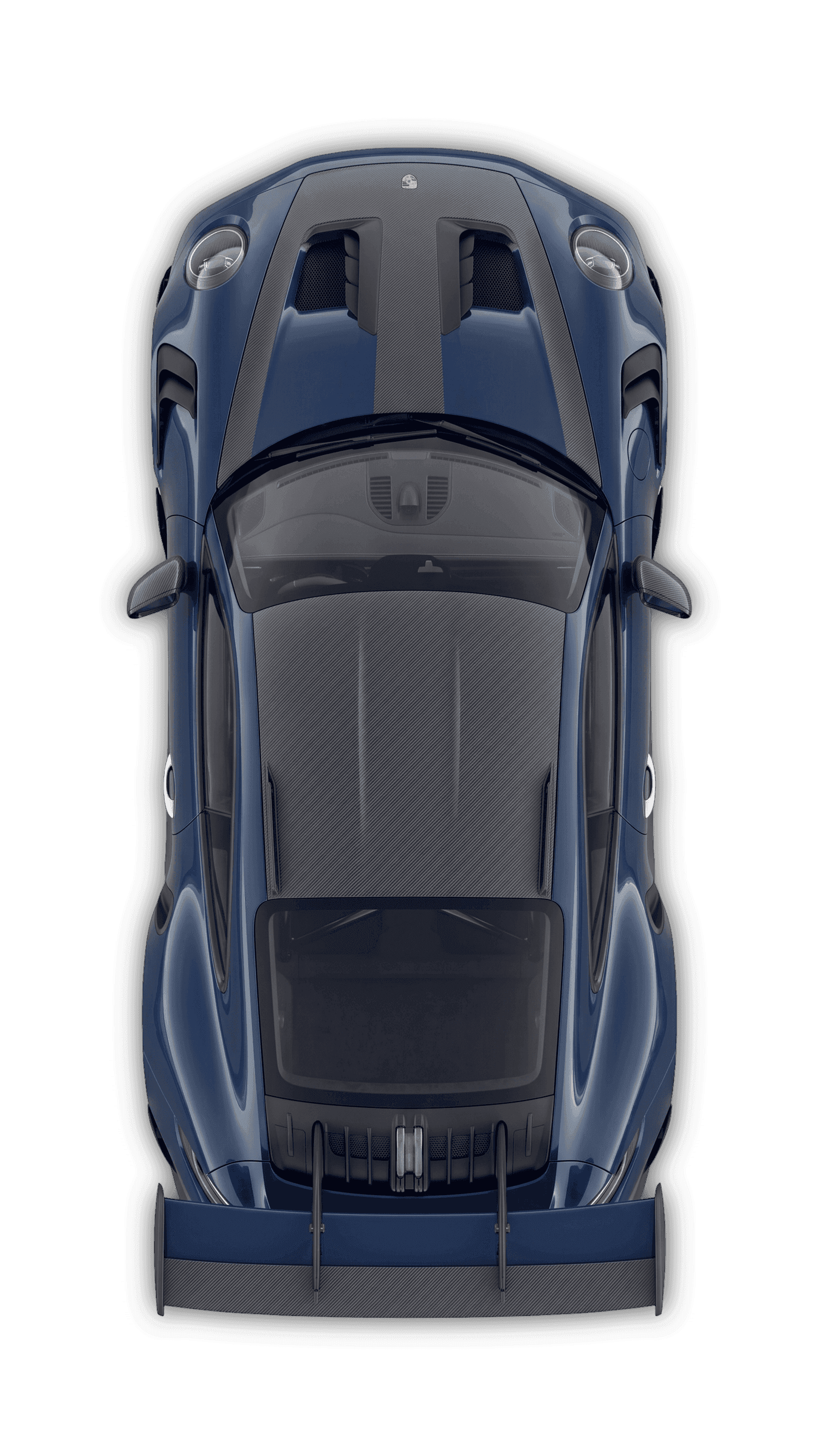 A navy sports coupé photographed from directly above